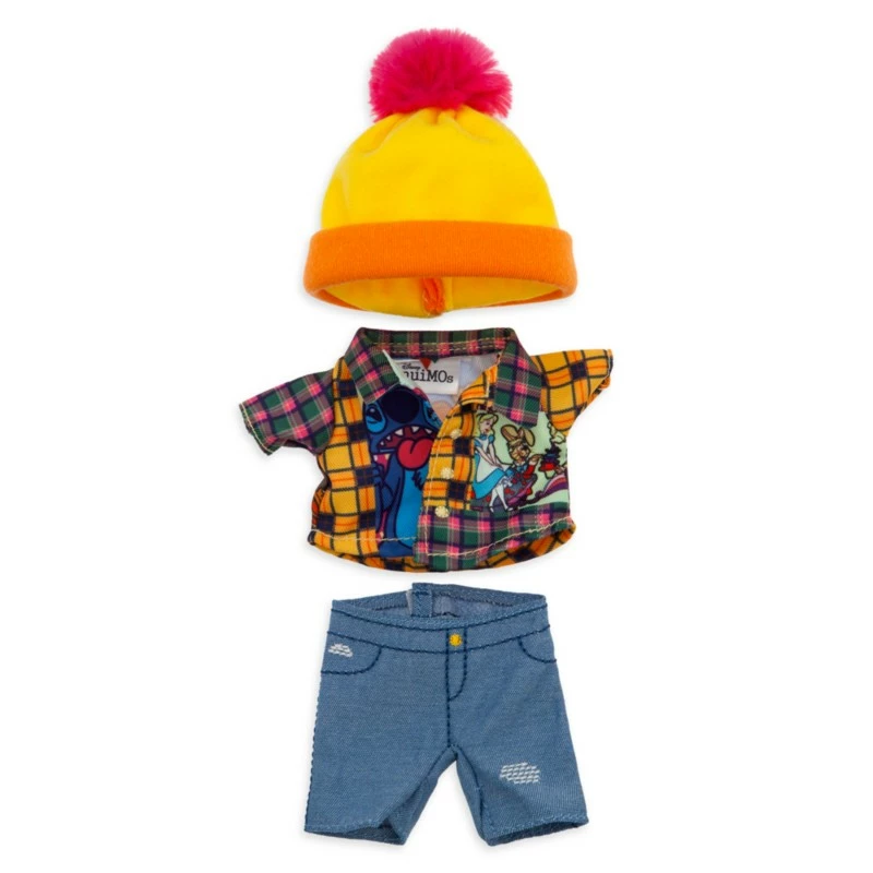 NuiMOs Small Plush Tartan Shirt, Denim Jeans And Pom Pom Hat